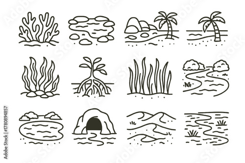 Ocean Habitat Icons. Line style icons of ocean habitats: coral reef, tide pool, rocky shore, sandy beach; kelp forest, mangrove