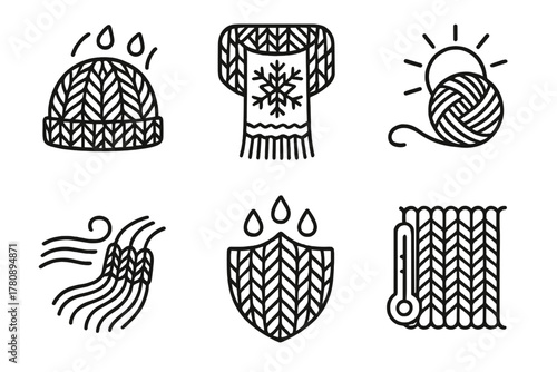 Weather-Reactive Yarn Art. Line style icons of weather-reactive yarn art: rainproof knit dome, snowflake-themed wrap, sun-reactive
