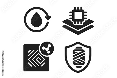 Hybrid Fashion Icons. Solid style icons of hybrid fashion materials: dye-blend icon, tech-fiber badge, composite fabric panel.