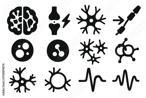 Neural Network Icons. Solid style icons of Neural visualization: brain network, synapse connection, dendrite branch, axon pathway,