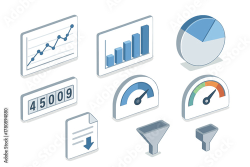 Media Analytics Dashboard. Isometric vector illustration set News and media – media analytics dashboard: line graph, bar chart,