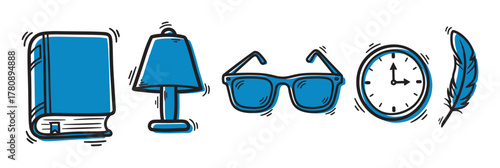 Stylized blue and black vector illustrations of a book, lamp, sunglasses, clock, and feather in a simple, minimal design.