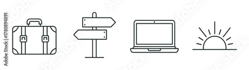 Black outline icons of a suitcase, directional signpost, laptop, and sunrise symbolizing travel, navigation, technology, and new beginnings.