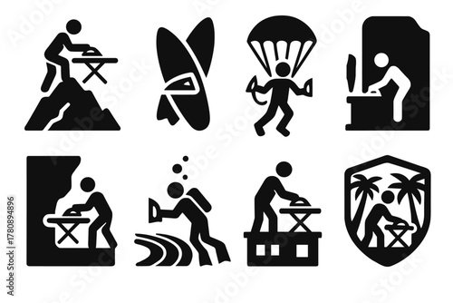 Extreme Ironing Icons. Solid style icons of extreme ironing championships: athlete ironing on mountain peak, surfboard with
