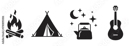 Black silhouette icons of a campfire, a triangular tent, a kettle with stars and moon, and an acoustic guitar on a white background.