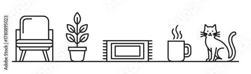 Minimalistic line art showing an interior scene with an armchair, potted plant, rug, steaming mug, and a sitting cat.