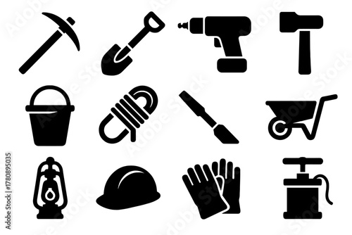 Mining Tools Icons. Solid style icons of Mining Tools: Pickaxe, Shovel, Drill, Hammer, Bucket, Rope, Chisel, Wheelbarrow, Lantern,