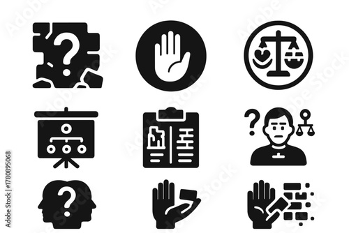 Preservation Ethics Symbols. Solid style icons of ruin-site marking ethics: question mark on wall icon, intent glyph badge, harm