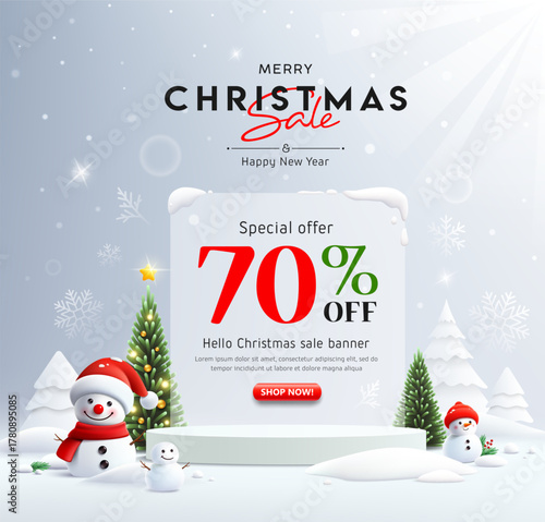 Merry Christmas and happy new year sale, white podium stand display, christmas tree and snowman on snow poster design background
