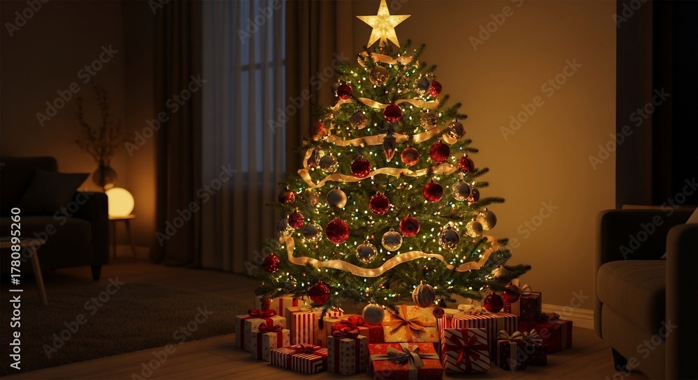 Fototapeta premium Lit Christmas tree with star topper garland ornaments and wrapped gifts in a cozy living room