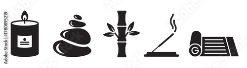 Black silhouette icons of a candle with a flame, stacked stones, bamboo stalk with leaves, incense stick burning, and a rolled yoga mat.
