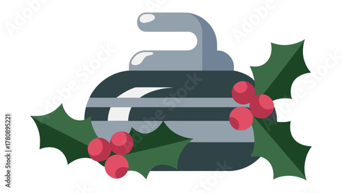 Festive Curling Stone: A holiday-themed image features a curling stone nestled with holly leaves and berries, celebrating winter sports and festive cheer.