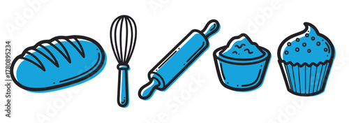Black outline icons of a loaf of bread, whisk, rolling pin, bowl of flour, and a cupcake, filled with blue color, representing baking tools and ingredients.