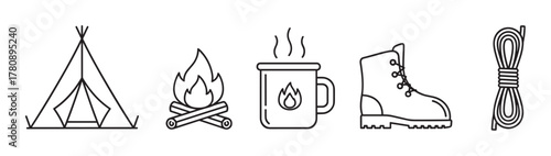 Black outline vector icons of a camping tent, campfire, steaming cup, hiking boot, and coiled rope, representing outdoor adventure essentials.
