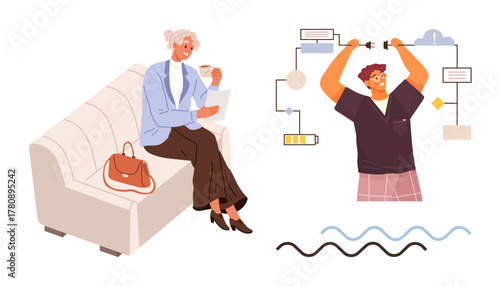 Woman reading on couch with coffee, bag nearby. Man lifting weights attached to workflow icons. Ideal for work-life balance, productivity, relaxation, multitasking, wellness, mindfulness focus