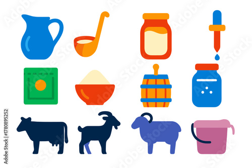 Dairy Ingredient Icons. Flat vector icons of Dairy Ingredients: milk jug, cream ladle, buttermilk jar, rennet dropper, culture