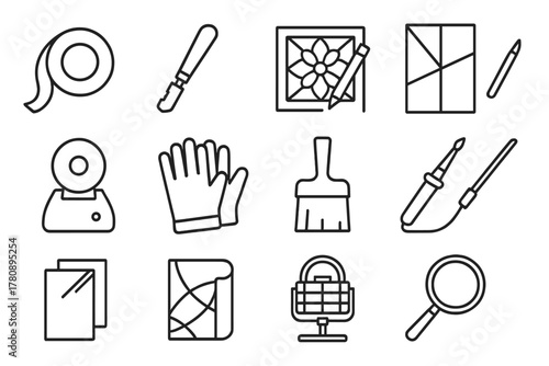 Glass Crafting Icons. Line style icons of Glass Crafting: Copper Foil, Glass Cutter, Design Sketch, Color Reflection; Grinder,