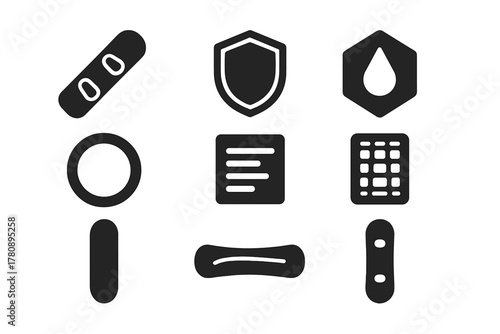 Ash-Resistant Board Icons. Solid style icons of ash-resistant boards: sandboard glyph, reinforced edge icon, wax badge. Durable