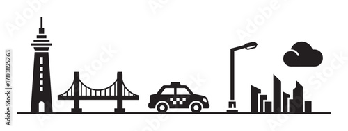 Black silhouette vector icons of an urban skyline featuring a tower, bridge, taxi, streetlight, cloud, and modern city buildings.