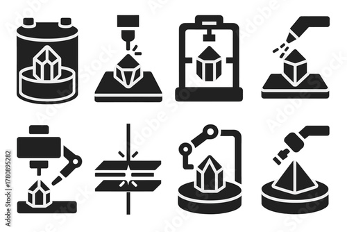 Crystalline Chip Manufacturing. Solid style icons of crystalline chip manufacturing: precision growth vats, laser cutters,