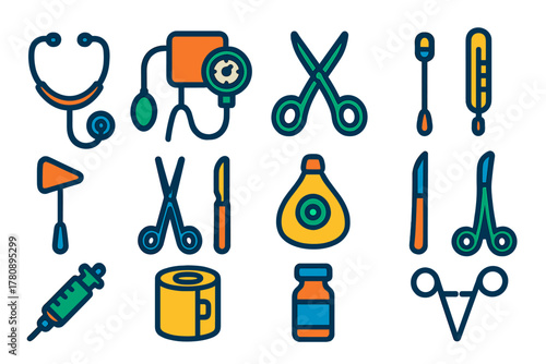 Vintage Medical Icons. Flat vector icons of Vintage Medical Equipment: stethoscope, sphygmomanometer, surgical scissors,