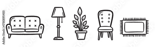 Black outline vector icons of a sofa, floor lamp, potted plant, upholstered chair, and rectangular rug for indoor home decor concepts.
