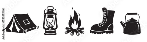 Black silhouette icons of camping gear including a tent, lantern, campfire, boot, and kettle, symbolizing outdoor adventure and exploration.