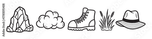Black outline icons of a mountain, cloud, hiking boot, grass, and a hat, representing outdoor adventure themes.