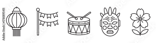 Black outline icons depicting a chinese lantern, festive flagpole with banners, traditional drum with sticks, tribal mask, and a simple flower.