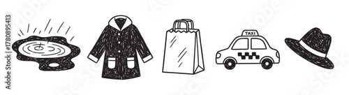 Black and white doodle illustrations of a puddle, coat, shopping bag, taxi, and fedora hat arranged in a horizontal line.