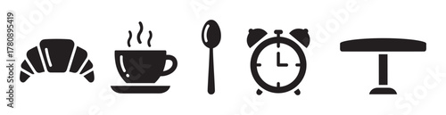Black outline icons of a croissant, steaming coffee cup, spoon, vintage alarm clock, and round table arranged in a horizontal line.