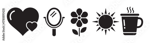 Collection of black silhouette icons depicting a heart, mirror, flower, sun, and steaming coffee cup, representing love, reflection, nature, warmth, and comfort.