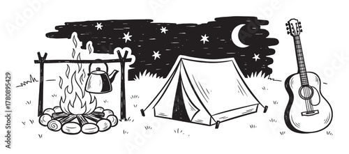 Black and white illustration of a campsite scene with a triangular tent, a campfire with a kettle, and an acoustic guitar under a starry night sky.