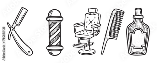 Hand-drawn black and white illustrations of barber tools including a vintage razor, barber pole, classic barber chair, comb, and an antique bottle.