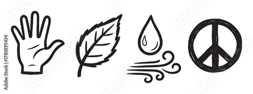 Black outline vector icons representing a hand, a leaf, a water droplet with wind, and a peace symbol. minimal linear design conveys themes of nature and harmony.