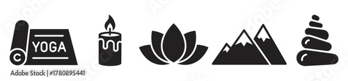 Black silhouette icons of a yoga mat, candle, lotus flower, mountain peaks, and balanced stones, representing concepts of relaxation, meditation, and nature.