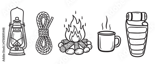 Black outline vector icons of camping essentials including a lantern, coiled rope, campfire, steaming mug, and rolled sleeping bag.