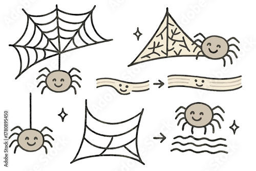 Joyful Spider Web Doodles. Cute doodle variation in silk types with cheerful spiders, cartoon webs of different shapes, smiling