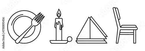 Black outline icons of a plate with fork, burning candle in a holder, simple triangular camping tent, and a wooden chair, each representing basic household and outdoor items.