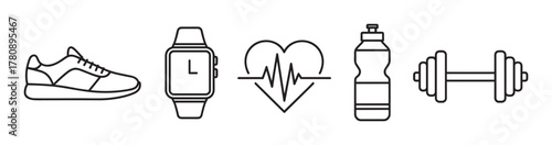 Black outline icons depicting a sneaker, smartwatch, heart with heartbeat line, water bottle, and dumbbell. these symbols represent fitness, health, and exercise concepts.
