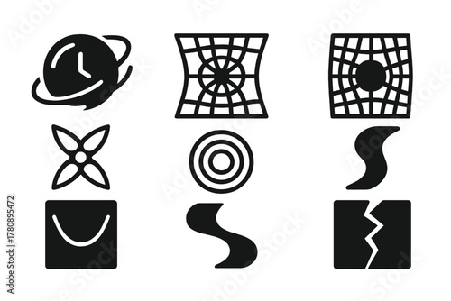 Space-Time Icons. Solid style icons of educational dance breaks: timer with step glyph, energizer icon, motion badge. Study-dance