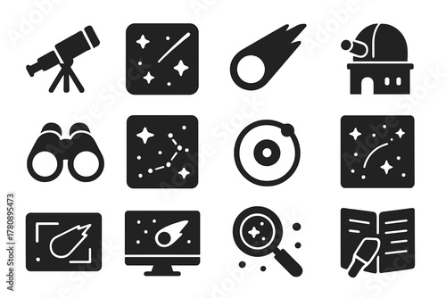 Comet Observation Icons. Solid style icons of comet observation: telescope view, starry sky, comet streak, observatory dome,
