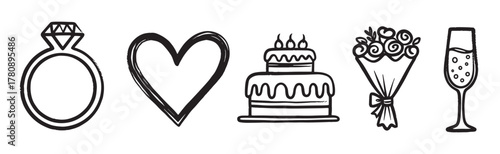 Black outline vector icons depicting a diamond ring, a heart, a cake with candles, a bouquet of flowers, and a champagne flute.