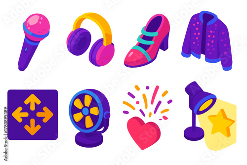 Vibrant Musical Icons. Isometric vector illustration set Musical genres – pop microphone, glitter headset, dance shoe; sequined