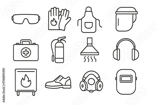 Glass Studio Safety Icons. Line style icons of glass studio safety: protective glasses, fireproof gloves, leather apron, face