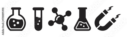 Black silhouette icons of various scientific elements including flasks, test tube, molecule, and a magnet with lightning bolts.