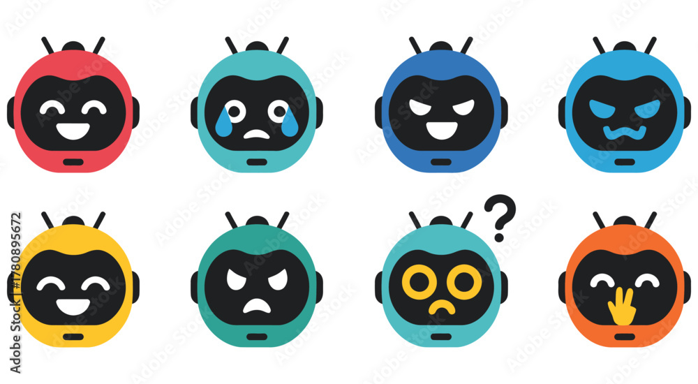 Fototapeta premium Robot faces emotional avatars vector design ai humanoid characters expressing various moods and reactions digital communication technology concept