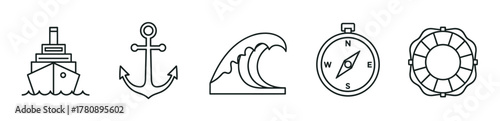 Black outline icons depicting a ship, anchor, ocean wave, compass, and lifebuoy, representing nautical and maritime themes.