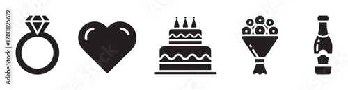 Black silhouettes of a diamond ring, heart, tiered cake, flower bouquet, and champagne bottle in a row.