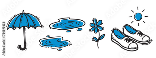 Hand-drawn style icons featuring an umbrella, puddles, a flower, a pair of shoes, and a sun, emphasizing a mix of rainy and sunny weather elements.